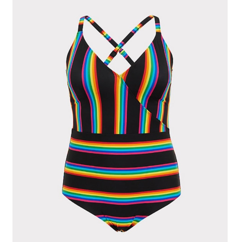 BLACK RAINBOW STRIPE WIRELESS ONE-PIECE SWIMSUIT